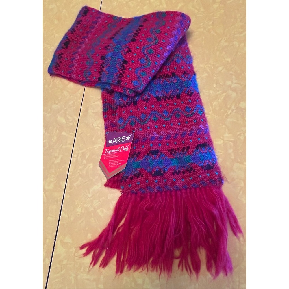 VTG 80s Aris Thermal Puff Scarf Red & Blue 59 Inches Long NWT